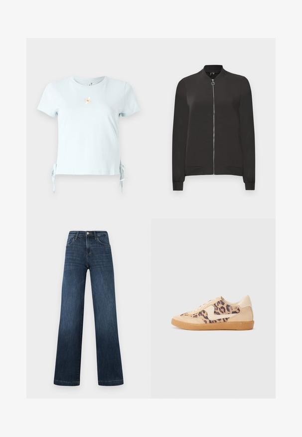 Must musta jope, mis on valmistatud siledast kangast, millel on esiküljel tõmblukk, ribitud krae ja mansetid ning kaks küljetaskut.; Hele sinine puuvillane T-särk lühikeste varrukatega, küljepeo sõlmedega ning tikandiga karikakra kujutisega, mille all on sõna "Naerata".; Tumedat sinised teksad laia jala disainiga, viie tasku ja ees oleva nööbiga sulgemisega. Sile tekstuur ja klassikalised peitevõrngud.; Leopardi mustriga tossud, millel on beež sueded ülemine osa, pruuni kummist põhi ja valged aktsendid. Ümar nina ja lipsukujundus, millel on tekstureeritud viimistlus.