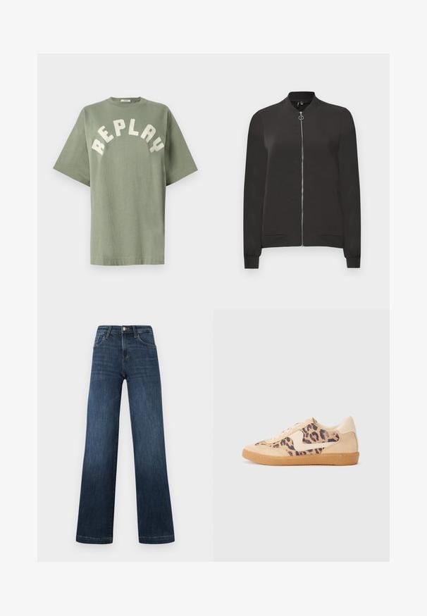 Jachetă neagră de tip bomber, realizată dintr-un material neted, cu fermoar în față, guler și manșete riguroase, având două buzunare laterale.; Cămașă verde din bumbac, cu o croială lejeră, având un guler rotund și cuvântul "REPLAY" în litere mari, de culoare albă murdară, peste piept.; Jeans din denim albastru închis, cu un design cu picioare late, având cinci buzunare și o închidere cu buton în față. Textură netedă și detalii clasice de cusătură.; Tenisi cu imprimeu de leopard, cu partea superioară din suede bej, talpă din cauciuc maro și accente albe. Vârf rotund și design cu șireturi, cu un finisaj texturat.