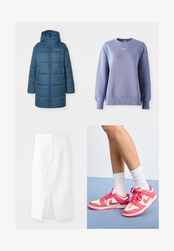 Töltött dzseki türkiz színben, elől cipzárral, nagy kapucnival és oldalsó zsebekkel. Keresztvarrás és egy kis logó található a mellkason.; Fénylila, kerek nyakú pulóver, puha anyagból készült; bordázott mandzsettákkal és széllel rendelkezik, a mellkasán egy kis fehér Nike logóval.; Fehér pamut midi szoknya egyenes szabással, oldalsó hasítékkal és rejtett cipzárral. Sima textúra, minimalista dizájnelemek, és látható díszítések nélkül.; Nike cipők rózsaszín és krém bőrből, perforált orral, fűzőkkel, fehér zoknival. Oldalán és sarkán logóval, lapos talpú kialakítással.