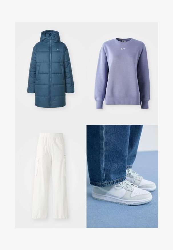 Foret jakke i teal, med glidelås foran, stor hette og sidelommer. Inkluderer horisontale sømmer og en liten logo på brystet.; Lys lilla, crew-neck sweatshirt laget av mykt stoff; har ribbede mansjetter og kant med en liten hvit Nike-logo på brystet.; Hvite cargo-bukser med bred bendesign, med elastisk livlinning og sidelommer. Strukturert stoff med en glatt finish.; Nike-sko i hvit og lys grå lær med perforert tå, flate lisser og gummisåle, sammen med blå denimjeans.
