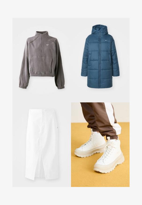 Siltināta jaka tumši zilā krāsā, ar rāvējslēdzēja fronti, lielu kapuci un sānu kabatām. Ietver horizontālo šuvju un mazu logo uz krūšu zonas.; Pelēks flīsa pulkstenis ar ceturtdaļas rāvējslēdzēju, ietver elastīgas aproces un apakšmalu, priekšējo kabatu un mazu baltu logotipu kreisajā krūtī.; Balta kokvilnas midi svārki ar taisnu griezumu, sānu iegriezumu un slēptu rāvējslēdzēju. Gluda tekstūra, minimāla dizaina iezīmes un nav pamanāmu rotājumu.; Balti augstie kedu ar masīvu, tekstūrētu zoli, gluda augšdaļa, apaļa purngalu un tonālām šņorēm uz dzeltena fona.