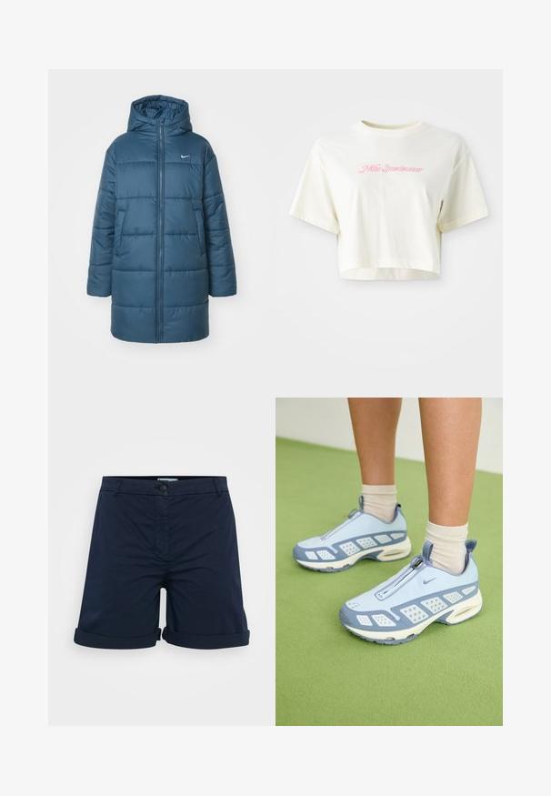 Siltināta jaka tumši zilā krāsā, ar rāvējslēdzēja fronti, lielu kapuci un sānu kabatām. Ietver horizontālo šuvju un mazu logo uz krūšu zonas.; Izgriezta, krēmkrāsas T-kreklu, kas izgatavots no kokvilnas. Piedāvā rozā izšūtu logotipu ar uzrakstu "Nike Sportwear". Īsas piedurknes un apaļa izgriezuma kakla vieta.; Tumši zili kokvilnas šorti ar apvītu maliņu, pogu aizdari un plakanu priekšpusi bez redzamām rakstu vai akcentu detaļām.; Gaiši zili sporta apavi ar baltajiem akcentiem, teksturētām paneļiem un ar rāvējslēdzēja aizdari. Raksturīga redzama gaisa amortizācijas zole un gumijas zole.