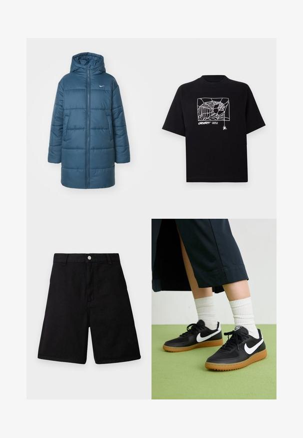 Chaqueta acolchada en verde azulado, con cierre de cremallera en la parte delantera, gran capucha y bolsillos laterales. Incluye costuras horizontales y un pequeño logo en el pecho.; Camiseta negra de algodón con mangas cortas. Presenta un gráfico de telaraña blanca y un logo en la parte frontal. Cuello redondeado simple.; Pantalones cortos negros de tejido duradero, con un diseño de corte recto, bolsillos delanteros, cremallera y cierre de botón metálico.; Zapatillas de cuero negro y sintético con el swoosh blanco de Nike, suela de goma, punta redonda y cordones negros. Calcetines blancos acanalados visibles.
