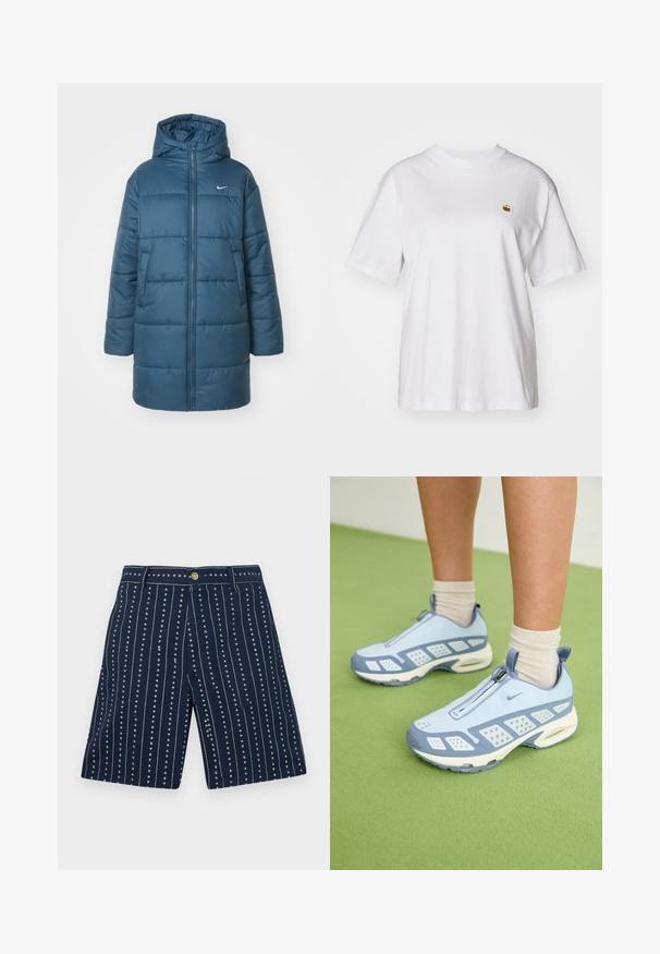 Gevoerde jas in teal, met een ritssluiting aan de voorkant, een grote capuchon en zijzakken. Bevat horizontale stiksels en een klein logo op de borst.; Witte katoenen t-shirt met een relaxte pasvorm, korte mouwen en een klein geborduurd logo op de linkerborst.; Marineblauwe shorts met verticale strepen en kleine hartjespatronen, gemaakt van stof met een zachte textuur. Voorzien van een knoop en rits aan de voorkant.; Lichtblauwe sportieve schoenen met witte accenten, textuurpanelen en een ritsluiting. Voorzien van een zichtbare luchtkussenzool en een rubberen buitenzool.