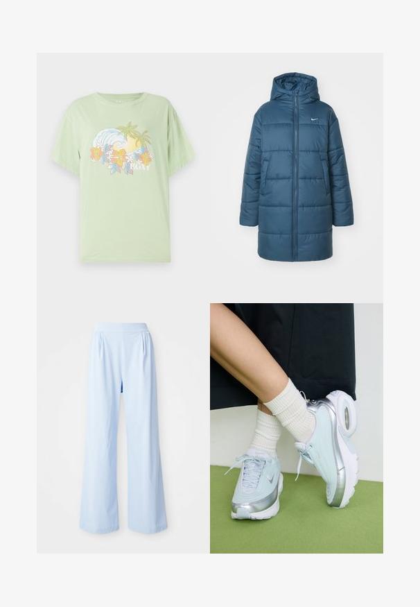 Teal värvi polsterdatud jakk, millel on tõmblukuga esikülg, suur kapuuts ja küljetaskud. Sisaldab horisontaalset õmblust ja väikest logo rinnal.; Kergelt roheline lühikeste varrukatega T-särk, millel on laine ja lilleline graafika, kus on valgete tähtedega brändinimi "ROXY". Pehme puuvillane materjal.; Heledad sinised laiad püksid, millel on sile tekstuur, elastne vöökoht ja volditud detailid ees. Valmistatud pehmest kangast.; Heled sinine tennis, millel on hõbedased detailid, tekstureeritud ülemine osa, pehme põhi ja nähtav õhukamber. Kombineeritud valgete ribadega sokkidega.