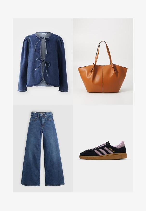 Tumed sinine kahepoolne jakk suure kraega, kuldsete nööpide, küljetaskute ja sileda, veidi läikiva kangatekstuuriga.; Tume sinine denim jakk, millel on pikad varrukad, paistes õlad ja ees lipsuga sulgemine. Jakk on ümarate äärtega ning kontrastsete õmblustega.; Laiad sinise denimi püksid viie taskuga, nupuga sulgemine ja kontrastõmblusega, omavad pehmet ja tekstuurset viimistlust.; Mustad ja roosa nubukist tenniseking, millel on kummitald, kolm roosat triipu, kuldne "SPEZIAL" bränding ja tekstuuriga kummi aluspind. Madal paindlik disain.; Pruun nahast käekott laia, nurga all kuju; sisaldab kahte pikka sangaga ja kontrastset õmblust servadel.