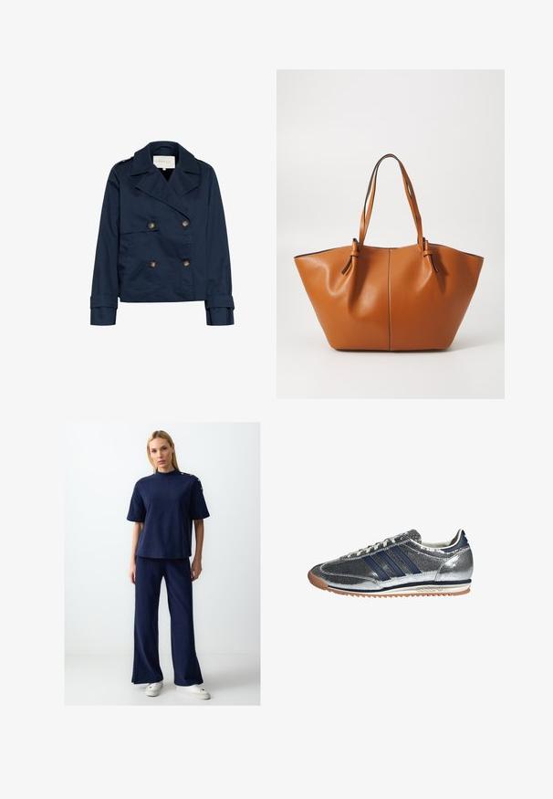 Marineblauwe dubbelrags jasje met grote revers, gouden knopen, zijzakken en een gladde, lichtglanzende stoftextuur.; Twee witte katoenen t-shirts met korte mouwen, ronde halslijnen en een getailleerd silhouet, met een zachte textuur en minimalistisch ontwerp.; Navyblauwe textuur korte mouw top en wijde broek set. Heeft knoopdetails op de schouder. Gecombineerd met witte platform sneakers.; Zilveren synthetische sneaker met marineblauwe strepen, ronde neus, witte voering en gumzool. Heeft een gestructureerde bovenkant en vetersluiting.; Bruine leren tote bag met een brede, hoekige vorm; beschikt over twee lange handvatten en contrasterende stiksels langs de randen.