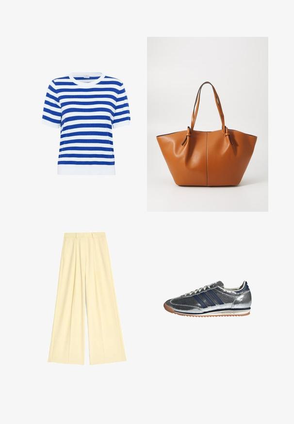 Marineblå dobbeltradet jakke med store reverser, guldknapper, sidelommer og en glat, let skinnende stoftekstur.; Blå og hvid stribet kortærmet sweater med rund halsudskæring, strikstruktur og ribbede manchetter og kant.; Vidde-bukser i blødt, lysegult stof med folder og skræddersyet talje. Glat tekstur uden synlige mønstre eller hardware.; Sølv syntetisk sneakers med marineblå striber, rund tå, hvidt foer og gummisko. Har tekstureret overdel og snøring.; Brun læder tote taske med en bred, vinkelret form; har to lange håndtag og kontrasterende syninger langs kanterne.