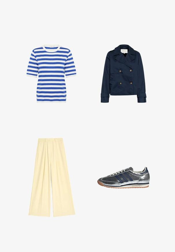 Marineblå dobbeltradet jakke med store reverser, guldknapper, sidelommer og en glat, let skinnende stoftekstur.; Blå og hvid stribet kortærmet top. Rund neckline, blødt stof, regular fit, med skiftende tykke og tynde striber.; Vidde-bukser i blødt, lysegult stof med folder og skræddersyet talje. Glat tekstur uden synlige mønstre eller hardware.; Sølv syntetisk sneakers med marineblå striber, rund tå, hvidt foer og gummisko. Har tekstureret overdel og snøring.