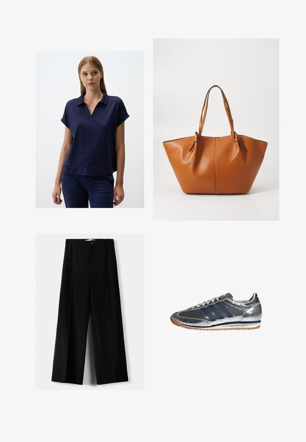 Giacca doppiopetto blu navy con ampi rever, bottoni dorati, tasche laterali e una superficie in tessuto liscia e leggermente lucida.; Top navy a maniche corte con colletto e vestibilità rilassata. Realizzato in tessuto morbido con orlo dritto e dettagli minimi.; Pantaloni neri a gamba larga realizzati in tessuto leggero, caratterizzati da una chiusura frontale con bottone e frontale piatto, con orli cuciti con precisione.; Sneaker sintetico argento con righe blu navy, punta tonda, fodera bianca e suola in gomma. Presenta una parte superiore testurizzata e chiusura con lacci.; Borsa a tote in pelle marrone con una forma ampia e angolare; presenta due manici lunghi e cuciture a contrasto lungo i bordi.