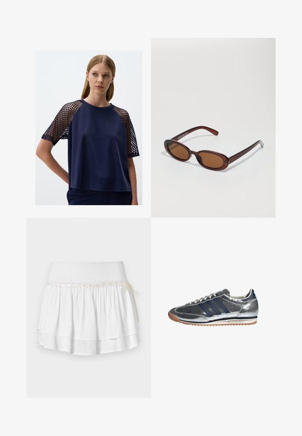 Giacca doppiopetto blu navy con ampi rever, bottoni dorati, tasche laterali e una superficie in tessuto liscia e leggermente lucida.; Top blu navy con tessuto solido, maniche corte in rete lavorata a maglia, caratterizzato da una vestibilità ampia e scollatura rotonda.; Gonna bianca a strati con vita elastica, caratterizzata da un dettaglio in smocking testurizzato e un nastro decorativo. Tessuto di cotone.; Sneaker sintetico argento con righe blu navy, punta tonda, fodera bianca e suola in gomma. Presenta una parte superiore testurizzata e chiusura con lacci.; Occhiali da sole rotondi con tonalità marrone, montatura lucida color bordeaux. Aste sottili con un sottile dettaglio del marchio. Design delle lenti piatte.; Borsa a tote in pelle marrone con una forma ampia e angolare; presenta due manici lunghi e cuciture a contrasto lungo i bordi.