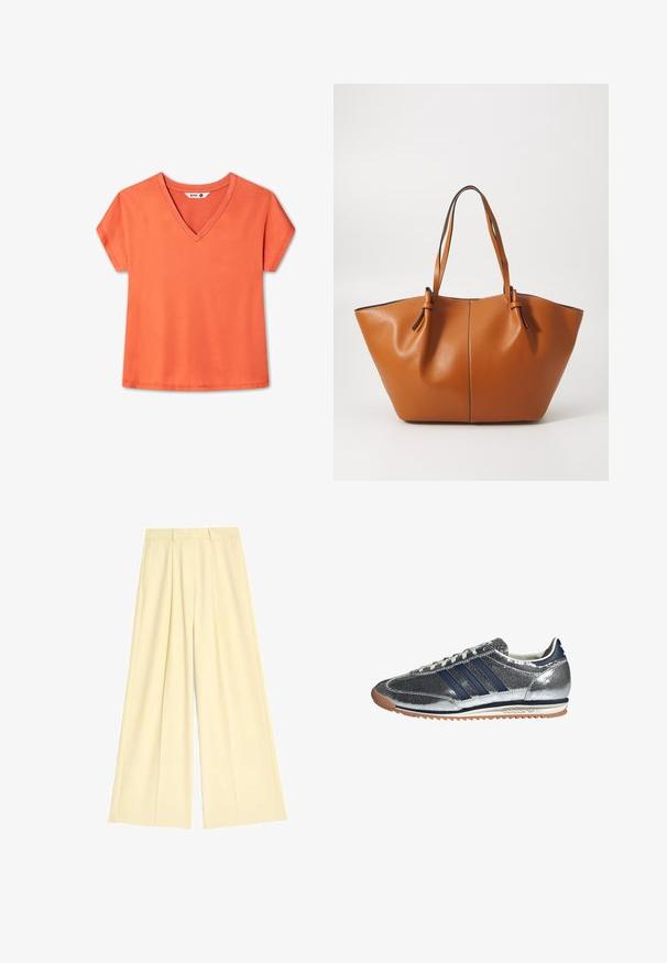 Marineblaues, doppelt geknöpftes Jackett mit breiten Revers, goldenen Knöpfen, seitlichen Taschen und einer glatten, leicht glänzenden Stoffoberfläche.; Oranges, kurzärmliges V-Ausschnitt-T-Shirt. Hergestellt aus weichem Baumwollstoff, mit lockerer Passform und glatter Textur. Keine sichtbaren Muster oder Akzente.; Weite Hosen aus einem weichen, hellgelben Stoff, mit Falten und tailliertem Bund. Glatte Textur, keine sichtbaren Muster oder Beschläge.; Silberfarbene synthetische Sneaker mit marineblauen Streifen, runder Zehenpartie, weißer Innenfutter und Gummisohle. Verfügt über ein strukturiertes Obermaterial und eine Schnürung.; Braune Leder-Tasche mit einer breiten, angularen Form; verfügt über zwei lange Griffe und kontrastierende Nähte entlang der Kanten.