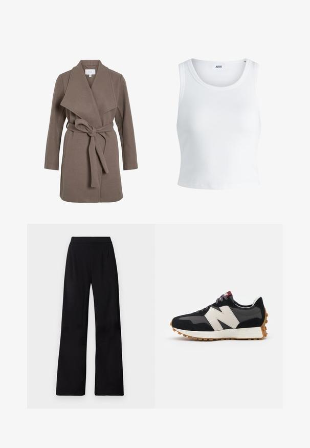 Rudas dirželis paltas su plačiu apykakle, pagamintas iš švelnaus audinio. Yra dvi priekinės kišenės ir laisvas kirpimas. Lygus paviršius ir paprastas dizainas.; Balta raukšlėta tank top marškinėliai su apvaliu iškirpimu, be rankovių dizainu ir trumpa ilgio. Etiketėje parašyta "JJXX." Lygus audinio paviršius.; Juodos plataus kojų kelnės, pagamintos iš glotnios, lengvos medžiagos. Yra aukštas juosmuo ir priekinių klosčių detalės, suteikiančios struktūros.; Juoda ir pilka zomšinė sportinė avalynė su dideliu kreminiu "N" logotipu, violetinėmis raištelėmis ir tekstūruota gumos padu.
