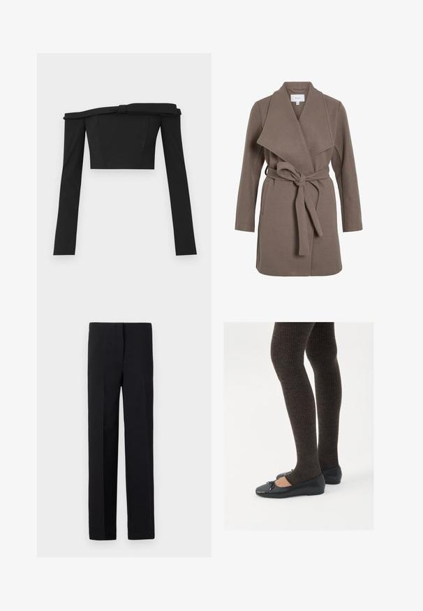 Brown belted coat with a wide lapel, made from a soft fabric. Features two front pockets and a relaxed fit. Smooth texture and simple design.; Black off-the-shoulder cropped top with long sleeves, featuring a structured design and knot detailing at the neckline, made of smooth fabric.; Black tailored trousers with a straight cut, featuring a smooth texture and no visible patterns. Standard waistband and a clean finish.; Black flat shoes with a small bow detail at the toe, paired with dark brown ribbed tights. Shoes have a smooth texture and low profile.