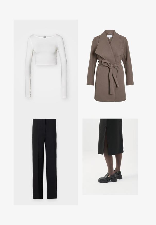 Hnedý kabát s pásom a širokým golierom, vyrobený z mäkkej tkaniny. Obsahuje dve predné vrecká a voľný strih. Hladká textúra a jednoduchý dizajn.; Gina Tricot SOFT TOUCH CROPPED TOP - Top s dlhým rukávom - pristine; Čierne, zúžené nohavice so rovnýmm strihom, s hladkým povrchom a bez viditeľných vzorov. Štandardný pás a čisté spracovanie.; Čierne kožené topánky s okrúhlou špičkou, silným blokovým opätkom a elastickými bočnými akcentmi, skombinované s tmavými pančuchami a čiernou sukňou so štiepením.
