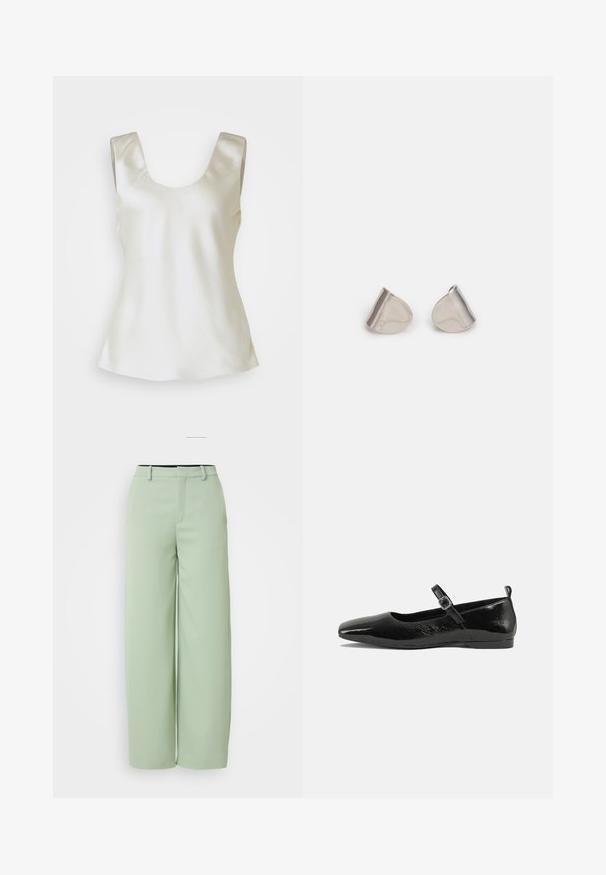 Lichtgroene blazer met een dubbel-breasted ontwerp, notch-kraag, twee voorkruiszakken en zwarte binnensvoering.; Satin witte mouwloze top met een ronde halslijn, met een gladde textuur en een licht uitlopende zoom voor een ontspannen pasvorm.; Lichtgroene wijde broek van gladde stof. Heeft een platte taille, riemlussen en een getailleerde pasvorm zonder zichtbare hardware.; Zwarte patenten leren ballerina met een spitse neus, een enkelbandje met een gesp en een gladde, glanzende textuur. Lage hak voor comfort.; Zilveren metalen oorbellen met een gladde, druppelvorm en een gepolijste afwerking. Subtiele gravures voegen detail toe. Minimalistisch ontwerp.
