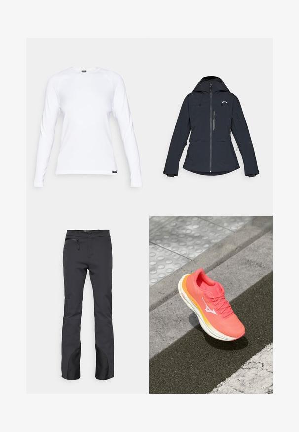 Dark navy ski jacket with a zip front, adjustable hood, zippered chest pocket, and elastic cuffs. Features logo on upper chest.; White long-sleeve shirt made of textured fabric, featuring a round neckline and raglan sleeves, with a small black logo tag at the hem.; Black outdoor pants made of technical fabric, featuring a zipper pocket, flat waistband, and black accents at the cuffs.; Pink running shoe with a lightweight mesh upper, white accents, and a lightly textured sole featuring a gradient from pink to orange.