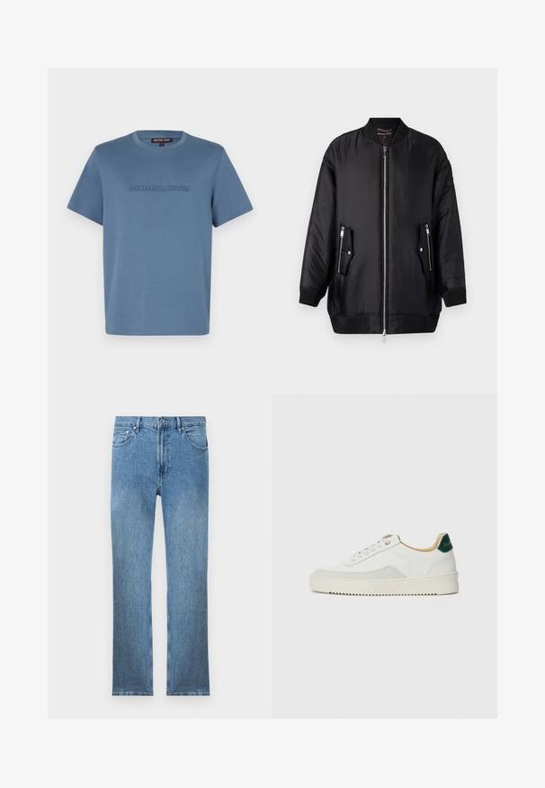 Črna bomberska jakna iz sijoče, gladke tkanine. Ima sprednji zadrgo, dve stranski žepi z zadrgo ter rebraste manšete in rob.; Svijetloplava pamučna majica s okruglim izrezom i kratkim rukavima, s ugraviranim natpisom "MICHAEL KORS" sprijeda u odgovarajućoj nijansi.; Svjetloplave traperice s ravnim krojem, pet džepova, patentnim zatvaračem i kontrastnim šavovima. Tkanina ima glatku, teksturiranu površinu.; Bela trenerka z zaključki iz semiša, okroglo konico, ravne vezalke in kremna gumijasta podplata. Ima zeleno blagovno znamko na peti.