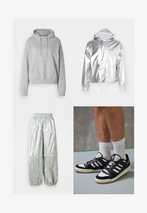 Rains STRING JACKET UNISEX - Jachetă de vară - mirror; Hanorac gri din amestec de bumbac, cu buzunar tip kangaroo, glugă cu șnur, mâneci lungi și manșete și tiv ribbed.; Pantaloni cargo ușori de argint cu o textură lucioasă, talie elastică, manșete strânse și două buzunare mari în față.; Adidași negri și albi cu un superior din suede și piele, prevăzuți cu trei dungi albe, un vârf perforat și o talpă din cauciuc caramel.