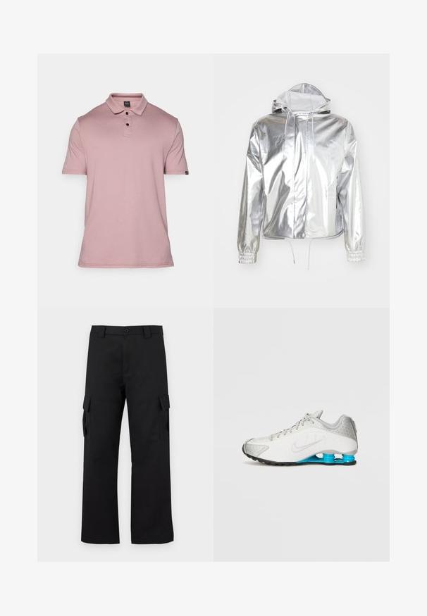 Rains STRING JACKET UNISEX - Let jakke / Sommerjakker - mirror; Lyserød polo t-shirt lavet af blødt stof, med krave, tre-knap lukning og korte ærmer. Inkluderer en lille logo-detalje på ærmet.; Sorte cargo bukser med lige ben-design. Lavet af slidstærkt stof, med to sidelommer med klaplukninger og lukning med knap.; Grå sportsko med overdel i struktureret stof, perforerede detaljer og en blå mellemsål. Har en sort gummi ydersål og hvide logo-accents.