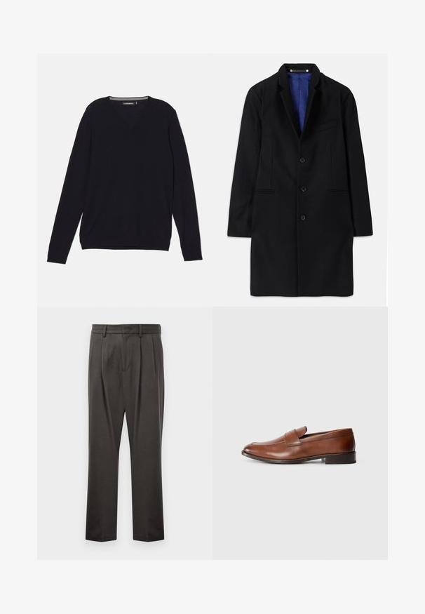 Fekete gyapjú kabát, igényes szabással, kivágott hajtókával, öt gombbal záródó, oldalsó zsebekkel és kék szatén béléssel.; Fekete, hosszú ujjú, V nyakú pulóver sima, könnyű anyagból készült. Rugalmas mandzsettákkal és aljjal rendelkezik a testhezálló megjelenés érdekében.; Sötét szürke nadrág, textúrált anyagból készült, sima elejű, redőzött, egyenes lábakkal és övhurkokkal. Nincs látható fémalkatrész vagy minta.; Barna bőr loaferek lekerekített orral, minimális varrással és alacsony blokk sarkú kialakítással. Díszítő pánt található a felsőrészen.