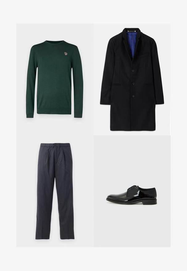 Czarny wełniany płaszcz o dopasowanym kroju, z wciętymi klapami, pięcioma guzikami, bocznymi kieszeniami oraz niebieską satynową podszewką.; PS Paul Smith - Sweter; Ciemnoniebieskie spodnie z miękkiego materiału z plisowanym przodem i elastyczną talią. Posiadają zapięcie na guzik i prostą nogawkę.; Czarne buty wizytowe z wypolerowanej lakierowanej skóry, okrągłym noskiem i widocznym szyciem. Posiadają niski obcas i sznurowanie.