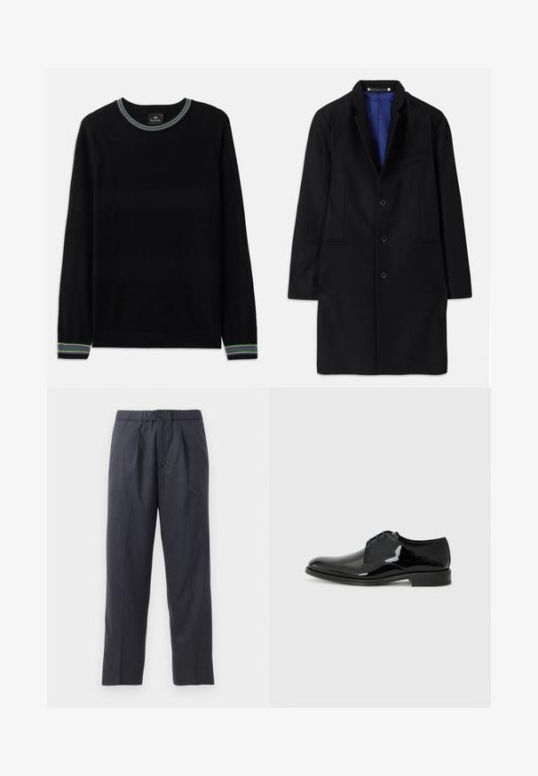 Svart ullkappa med skräddarsydd design, slagkrage, femknäppning, sidofickor och blå satinfoder.; Svart stickad tröja med rund halsringning. Har texturerade ränder och flerfärgade ribbade ärmslut och krage. Långa ärmar.; Mörk marinblåbyxor av mjukt tyg med veckad design fram och elastisk midja. Har en knappstängning och rak benöppning.; Svart sko i läder med en polerad yta av skinn med lackfinish, rund tå och utvändiga sömmar. Har en låg klack och snörning.