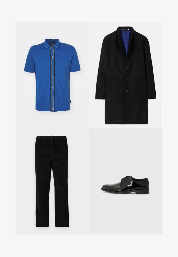 Zwarte wollen jas met een getailleerd ontwerp, notch-kraag, vijf knopen sluiting, zijzakken en een blauwe satijnen voering.; PS Paul Smith BUTTON FRONT - Overhemd - blue; Zwarte rechte fluwelen broek met elastische tailleband en voorste trekkoord, gepresenteerd tegen een eenvoudige witte achtergrond.; Zwarte dress shoe met een gepolijste lakleren afwerking, ronde neus en externe stiksels. Heeft een lage hak en vetersluiting.