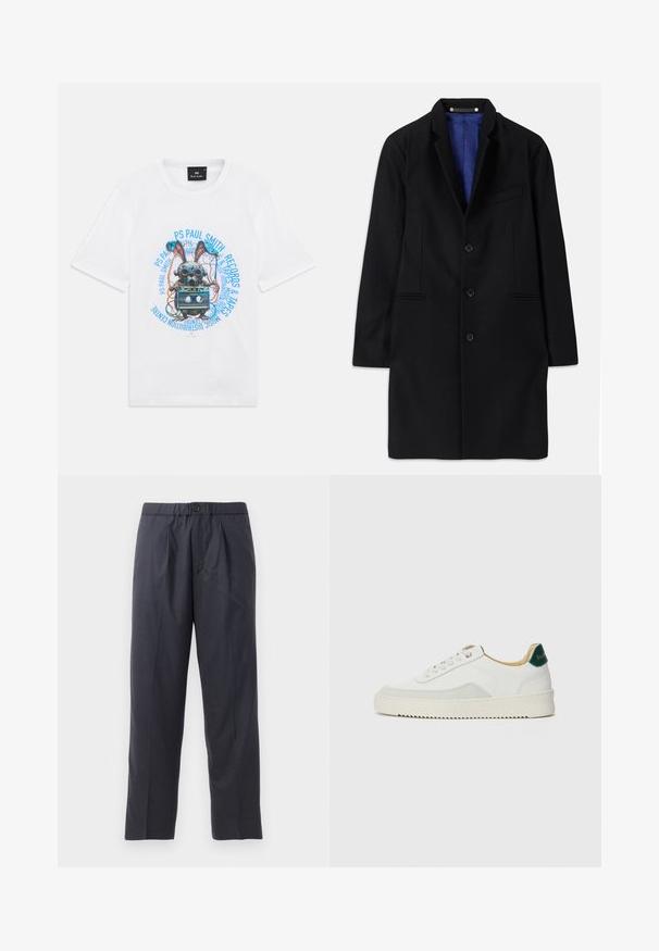 Črn volnen plašč s krojem po meri, z izrezanim ovratnikom, petimi gumbi, stranskimi žepi in modrim satenskim podloženjem.; Bela majica s grafiko mehaničnega zajca, ki drži kaseto, obdanega z modrim besedilom "PS Paul Smith Records & Tapes."; Temno modri hlače iz mehkega materiala z nabranim sprednjim delom in elastičnim pasom. Imajo gumbasto zapiranje in ravno krojene hlačnice.; Bela trenerka z zaključki iz semiša, okroglo konico, ravne vezalke in kremna gumijasta podplata. Ima zeleno blagovno znamko na peti.