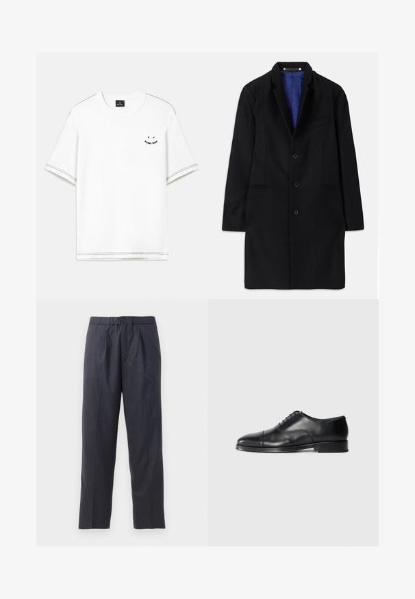Juodas vilnonių paltas su pritaikytu dizainu, įpjovomis apykaklėmis, penkių mygtukų užsegimu, šoninėmis kišenėmis ir mėlynu satino pamušalu.; Balta T-pala su trumpomis rankovėmis, kurią puošia juodi siuvinėti akcentai ir mažas spaudintas detalė ant krūtinės.; Tamsiai mėlynos kelnės, pagamintos iš švelnios medžiagos, su klostėtu priekiu ir elastingu juosmeniu. Yra mygtuko užtrauktukas ir tiesios išklikimo pjūvis.; Juodos odinės suknios bateliai su apvaliu pirštu, lygia tekstūra, raištelių dizainu ir subtilia siūlų detale, turintys žemą, plokščią kulną.