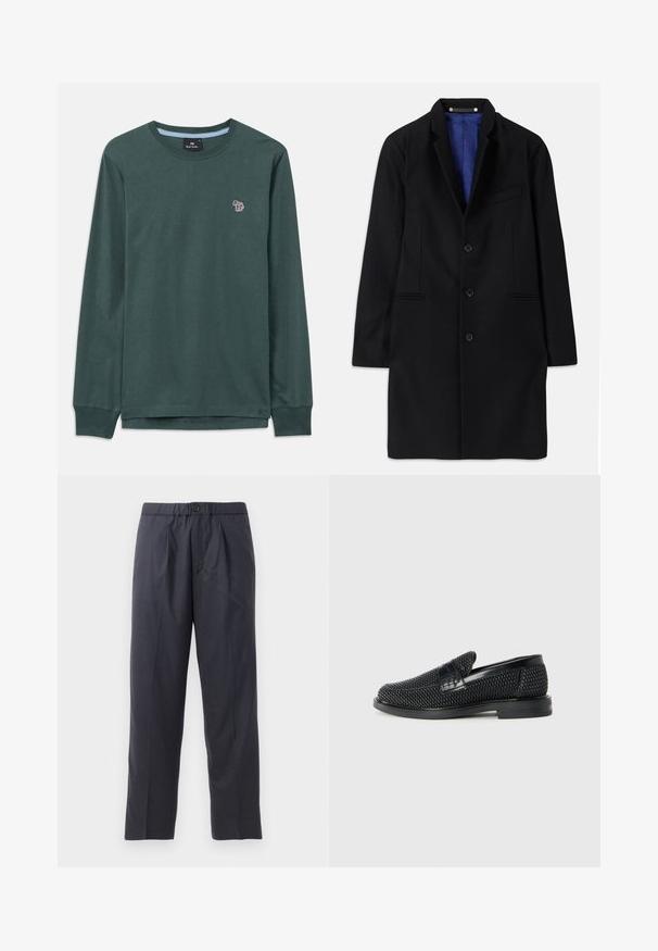Fekete gyapjú kabát, igényes szabással, kivágott hajtókával, öt gombbal záródó, oldalsó zsebekkel és kék szatén béléssel.; Hosszú ujjú, sötétzöld, kerek nyakú póló, bal mellen egy kisméretű, színes zebra logóval és bordázott mandzsettákkal.; Sötét tengerészkék nadrág, puha anyagból, plissézett elejű kialakítással és gumis derékkal. Gombos záródással és egyenes szárú szabással rendelkezik.; Fekete szőtt slip-on cipő sima bőr díszítéssel a felsőrészen, kerek orral és alacsony profilos gumitalppal.