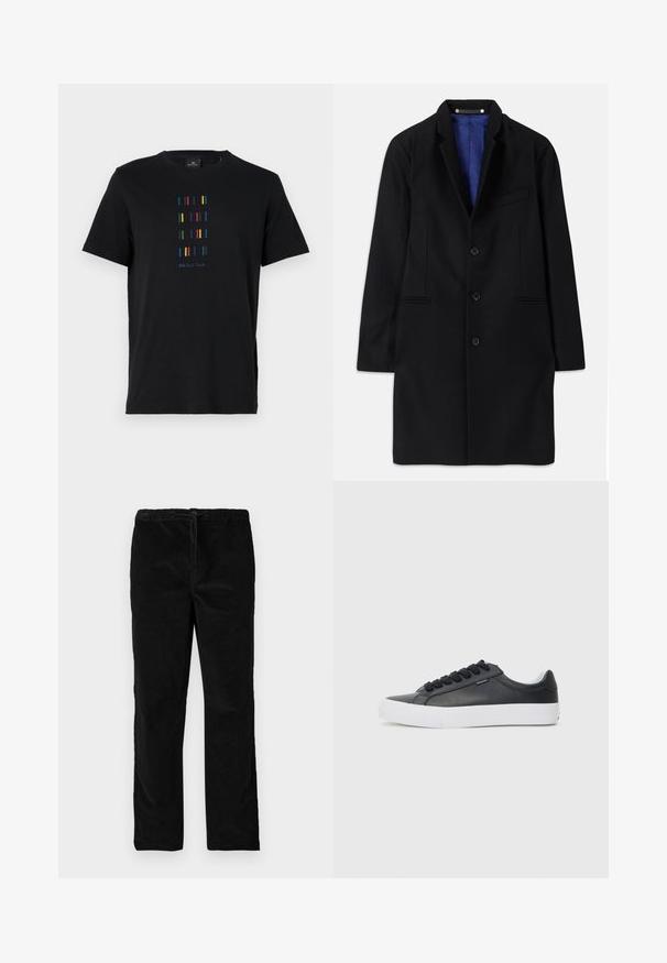 Abrigo negro de lana con un diseño ajustado, solapas con muesca, cierre de cinco botones, bolsillos laterales y un forro de satén azul.; Camiseta de algodón negra con un diseño vertical de rayas coloridas y el texto "PS Paul Smith" en la parte inferior. Cuello redondo estándar.; Pantalones de terciopelo negros de pierna recta con cinturilla elástica y cordón en la parte delantera, exhibidos sobre un fondo blanco liso.; Zapatilla de cuero negra con suela de goma blanca, punta redonda y cordones negros, con una textura suave y un diseño minimalista.