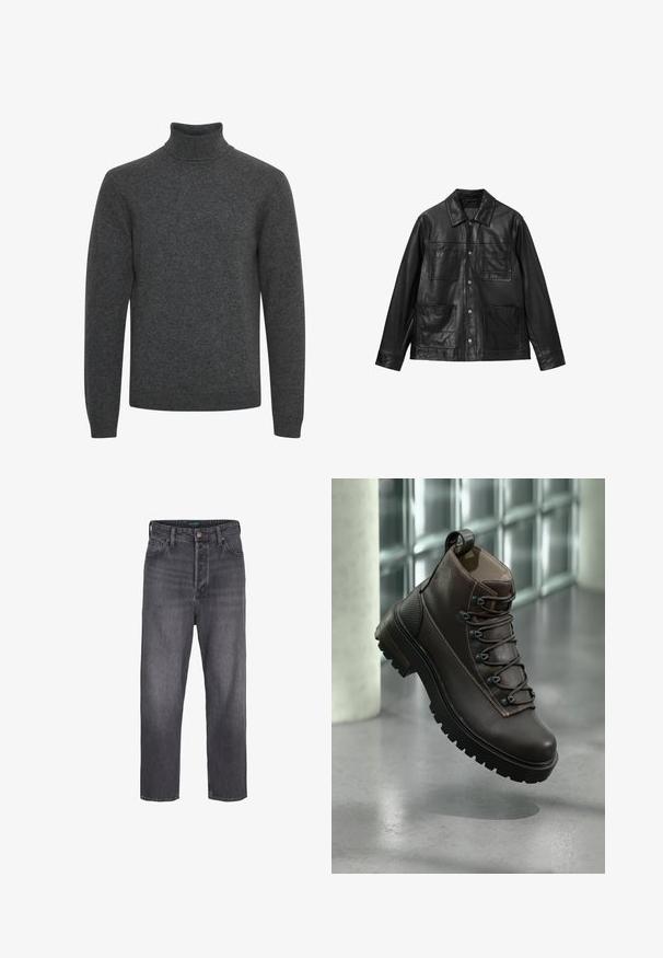 Čierna kožená bunda s gombíkmi, s bodovým golierom a štyrmi prednými vreckami. Hladká textúra a klasický dizajn.; Tmavošedý rolák vyrobený z mäkkej pleteniny; má dlhé rukávy a rebrovaný golier s hladkou textúrou po celom povrchu.; Tmavošedé denimové nohavice s rovnými nohavicami, vysokým pásom, piatimi vreckami a svetlým vyblednutím. Zapínanie na kovový gombík a zips.; Hnedá kožená trekingová topánka s vysokým zvrškom, robustnou gumovou podrážkou, kovovými očkami a prešitými detailmi. Má ťahaciu slučku na zadnej strane.