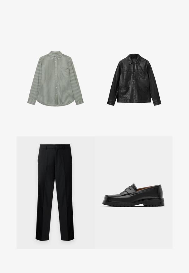 Chaqueta de cuero negro con frente de botones, cuello puntiagudo y cuatro bolsillos delanteros. Textura suave y diseño clásico.; Camisa de manga larga abotonada en verde oliva con rayas verticales blancas, un cuello estándar y un bolsillo en el pecho del lado izquierdo.; Pantalones negros de corte recto y ajustados, con cierre de botón, cremallera y trabillas para cinturón. Tejido suave con bolsillos laterales.; Los mocasines de cuero negro presentan una costura elevada, dos correas decorativas en la parte superior y una suela gruesa y texturizada para mayor agarre.