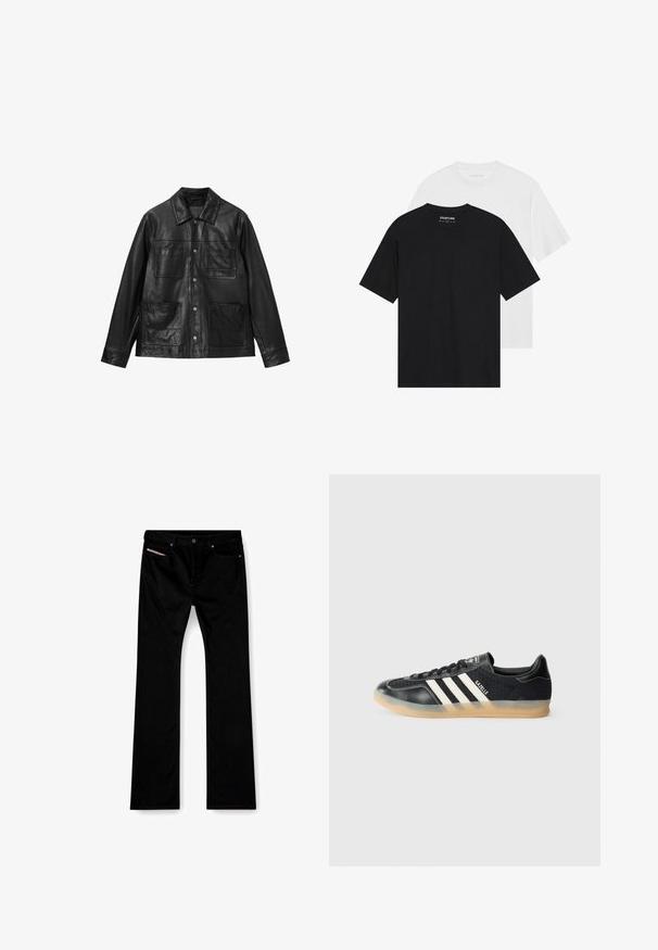 Jachetă din piele neagră cu închidere butonată în față, gulere în vârf și patru buzunare frontale. Textură netedă și design clasic.; Două tricouri, unul negru și unul alb, cu mâneci scurte, guler rotund și o textură netedă din bumbac. Eticheta de marcă vizibilă în interior.; Jeans negri cu croi drept, cu nasture și fermoar în față, buzunare frontale și posterioare, și un eticheta albă vizibilă în buzunarul din față dreapta.; Adidași sport negri cu dungi albe, din material texturat, vârf din piele netedă și talpă din cauciuc. Prezintă logo pe limbă.