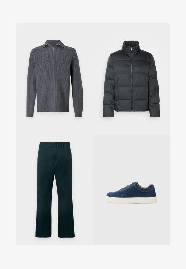 Black padded jacket with a high collar, front zipper, and a quilted texture. Features a boxy shape and subtle checkered pattern.; Gray ribbed sweater with a zippered mock neck. Features long sleeves and textured knit pattern, providing a structured appearance.; Dark green straight-leg trousers with belt loops, side pockets, and a button closure on a plain white background.; Blue suede sneaker with white rubber sole, lace-up design, rounded toe, and contrasting tan interior. Subtle stitching details.