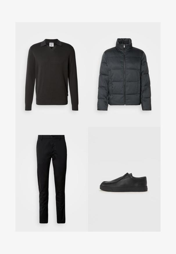 Zwarte gewatteerde jas met een hoge kraag, voorrits en een gegarneerde textuur. Heeft een boxy vorm en een subtiel ruitpatroon.; Zwarte lange mouwen trui met een V-hals en kraagdesign. Gemaakt van een soepel brei ± stof, met ribgebreide manchetten en zoomdetails.; Zwarte broeken met een slim fit, gemaakt van gladde stof. Voorzien van een tailleband met knoopsluiting en recht gesneden benen.; Zwarte leren instapschoen met een ronde neus, gestikte details en een zwarte rubberen zool. Soepele textuur met een minimalistisch ontwerp.