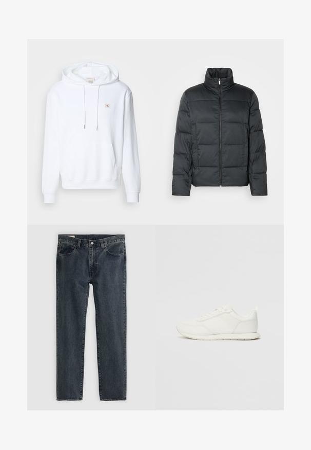 Čierna vypchatá bunda s vysokým golierom, predným zipsom a prešívanou textúrou. Má štvorcový strih a jemný kárový vzor.; Biela mikina s kapucňou z hladkej bavlnenej zmesi, s prednou vreckom, sťahovacími šnúrkami a malou nášivkou loga na hrudi.; Tmavomodré džínsy so rovnými nohavicami, piatimi vreckami a zapínaním na gombíky. Tkanina vykazuje jemné vyblednutie a textúru.; Biele tenisky s sieťovaným a syntetickým zvrškom, okrúly špička, ploché šnúrky a štruktúrovaný pruh na boku. Gumová podrážka s pútkom na zadnej strane.