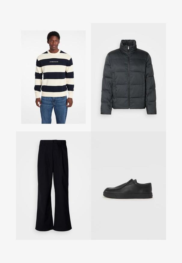 Chaqueta acolchada negra con cuello alto, cierre frontal y textura acolchada. Presenta una forma cuadrada y un sutil patrón de cuadros.; Suéter a rayas en azul marino y crema de tejido de punto que presenta puños y dobladillo de canalé, con el logo "GUESS JEANS" en la parte frontal. Corte informal.; Pantalones de pierna ancha negros de algodón con un pliegue frontal, que presentan un cierre de botón y pasadores para cinturón, con una textura suave y sin patrones visibles.; Zapato de piel negro tipo slip-on con punta redonda, detalles de costura y suela de goma negra. Textura suave con un diseño minimalista.