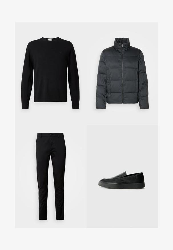 Czarna pikowana kurtka z wysokim kołnierzem, przednim zamkiem błyskawicznym i pikowaną fakturą. Charakteryzuje się pudełkowym kształtem i subtelnym wzorem w kratkę.; Czarny sweter z długim rękawem i okrągłym dekoltem, z subtelnym logo "cK" na lewej piersi, z prążkowanymi mankietami i hemem, wyeksponowany na białym tle.; Czarne spodnie o slim fit, wykonane z gładkiego materiału. Posiadają pas z zapięciem na guzik oraz proste nogawki.; Calvin Klein HYBRID CUP czarny