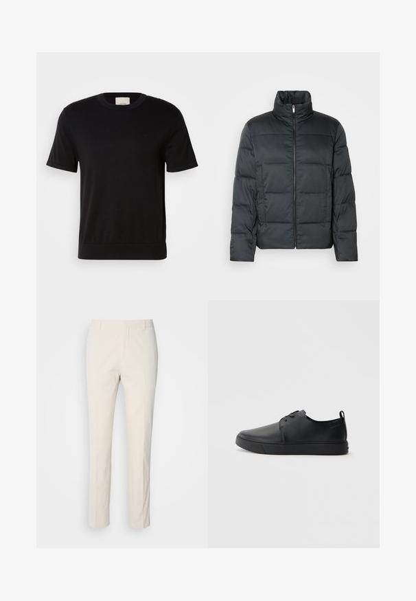 Črna podložena jakna z visokim ovratnikom, sprednjim zadrgo in prešitimi teksturami. Ima kvadratno obliko in subtilen kari vzorec.; Črna kratka majica s kratkimi rokavi, izdelana iz mehkega bombaža. Ima okroglo ovratnik, rebrasto teksturo in subtilen logotip na prsih.; Hlače kremaste barve, prirejene po meri, z teksturirano tkanino. Imajo ravno obliko, zanke za pas in dva sprednja žepa. Brez vzorcev.; Črne usnjene športne čevlje z gladko površino, okroglo oblikovano nosilo, toniranim šivanjem, vezanjem spredaj in ravnim gumijastim podplatom. Zanko na peti.