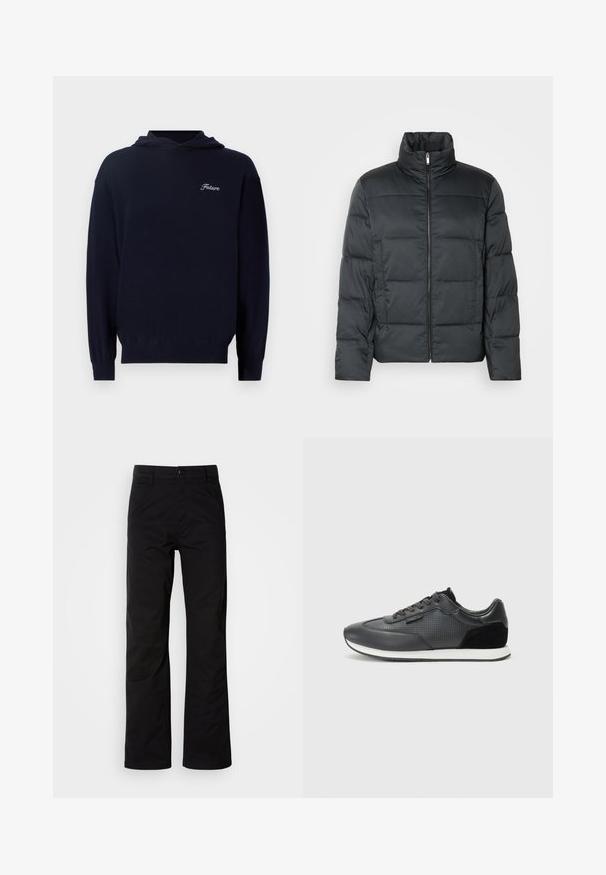 Black padded jacket with a high collar, front zipper, and a quilted texture. Features a boxy shape and subtle checkered pattern.; Navy blue hoodie made of soft fabric, featuring a front pocket, ribbed cuffs, and a small white "Future" embroidery on the chest.; Black cotton pants with a straight-leg design, featuring a button closure and belt loops. Smooth texture and minimalistic style with no visible patterns.; Black athletic sneakers featuring a leather upper with perforated detailing, suede accents, and a white rubber sole. Classic lace-up design.