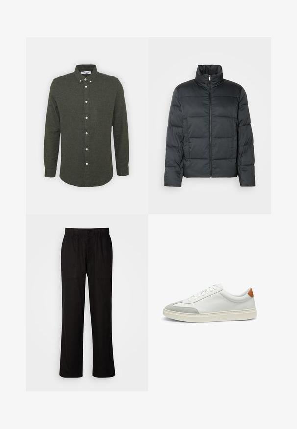 Black padded jacket with a high collar, front zipper, and a quilted texture. Features a boxy shape and subtle checkered pattern.; Dark green button-up shirt with a collar, long sleeves, and white buttons. Soft, textured fabric with a slightly curved hem.; Black pants with a relaxed fit, made from lightweight fabric. Features an elastic waistband, button closure, and two front pockets.; White leather sneakers with gray suede accents and a tan leather heel tab. Features a textured surface and lightweight sole.