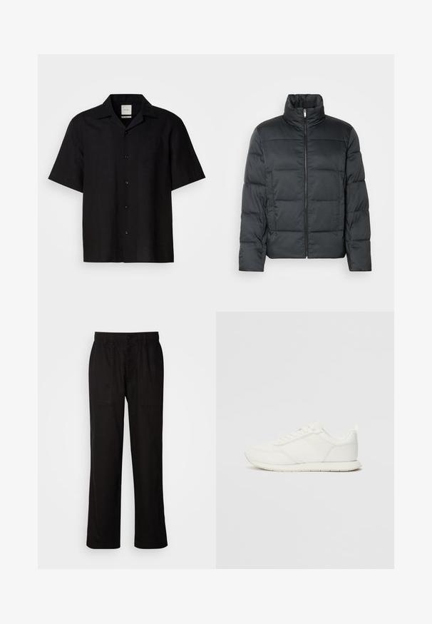 Must must vest, mille kõrge krae, esi tõmblukk ja tikanditustatud tekstuur. Omab karbilaadset tegemist ja õhulist ruuduline muster.; Mustra musta lühikeste varrukatega särk, mis on valmistatud linase riide materjalist, esiosas nupud, terav krae ja sile tekstuur. Pole silmapaistvaid mustreid ega aktsente.; Mustad lõdva istuvusega mustad püksid, mis on valmistatud kergest kangast. Omavad elastset vöökohta, nööbiga sulgemist ja kahte esist taskut.; Valged tennisesid, millel on võrgust ja sünteetilisest materjalist ülemine osa, ümar varvas, lamedad paelad ja tekstureeritud külgmine triip. Kummist tallaosa, tagaküljel tõmbetab.