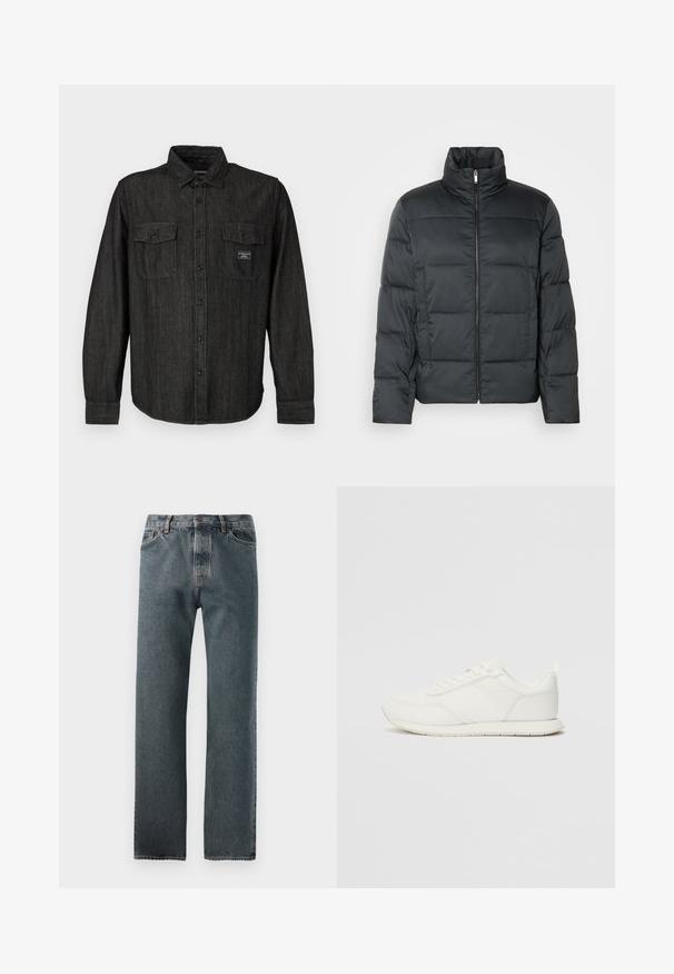 Čierna vypchatá bunda s vysokým golierom, predným zipsom a prešívanou textúrou. Má štvorcový strih a jemný kárový vzor.; Čierna džínová košela so zapínaním na gombíky, špicatým golierom a dvoma náprsnými vreckami. Má jemný pruhovaný vzor a značkovú nálepku na vrecku.; Džínsy v tmavom umývaní, so strihom rovného nohavica, decentným prešívaním a gombíkovým zapínaním s piatimi vreckami.; Biele tenisky s sieťovaným a syntetickým zvrškom, okrúly špička, ploché šnúrky a štruktúrovaný pruh na boku. Gumová podrážka s pútkom na zadnej strane.