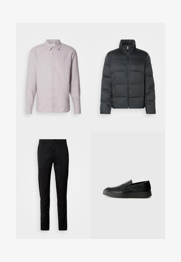 Melnā polsterētā jaka ar augstu apkakli, priekšējo rāvējslēdzēju un izšūtu tekstūru. Iezīmējas ar kvadrātveida formu un smalku šahu rakstu.; Gai pelēks lina krekls ar apkakli, garām piedurknēm un pogu aizdari. Iezīmējas ar smalku tekstūru un pērļmātēm pogām gar plāksni.; Melni bikses ar šauru piegriezumu, izgatavotas no gludas auduma. Aprīkotas ar jostu un pogu aizdari, kā arī taisnas kājas.; Calvin Klein HYBRID CUP - Čības - triple black