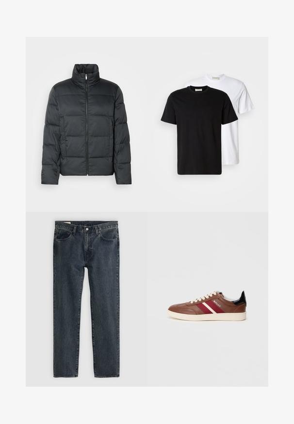 Giacca nera imbottita con colletto alto, zip frontale e texture trapuntata. Presenta una forma squadrata e un delicato motivo a quadretti.; Due t-shirt di cotone semplici, una nera posizionata davanti a una bianca, entrambe con maniche corte e scollature rotonde.; Jeans in denim blu scuro con un design a gamba dritta, cinque tasche e chiusura con bottone. Il tessuto presenta una leggera sfumatura e texture.; Sneaker in pelle marrone con strisce bianche e bordeaux, lacci beige e un accento nera sul tallone. Presenta una suola in gomma e una texture liscia.