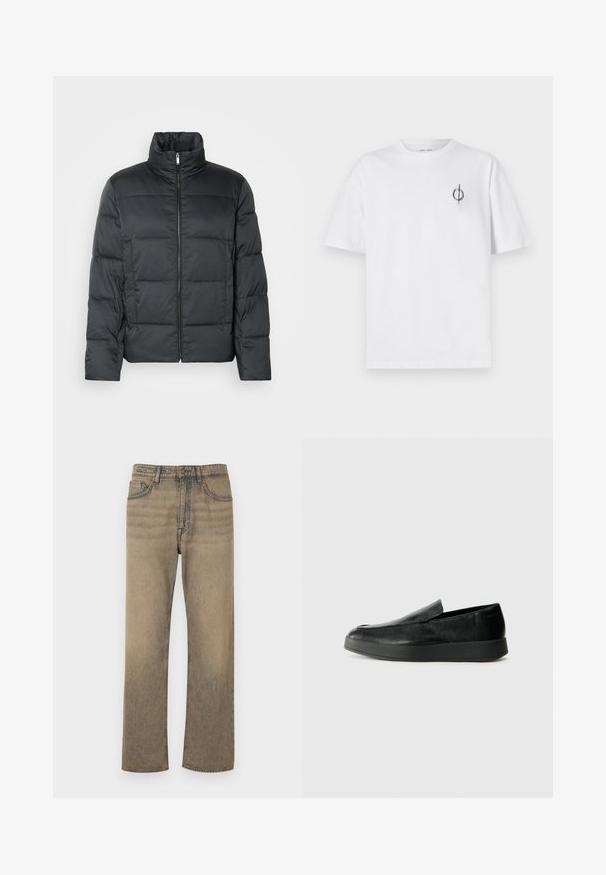 Svart polstret jakke med høy krage, frontglidelås og quiltet tekstur. Har en boksformet fasong og subtil rutete mønster.; Hvit bomull t-skjorte med avslappet passform, med en liten svart grafisk logo på venstre brystområde. Korte ermer, rund hals.; Beige denim jeans med rett ben-design, som har to frontlommer, en knappelukking og synlige sømdetaljer.; Calvin Klein HYBRID CUP - Slippers - triple black