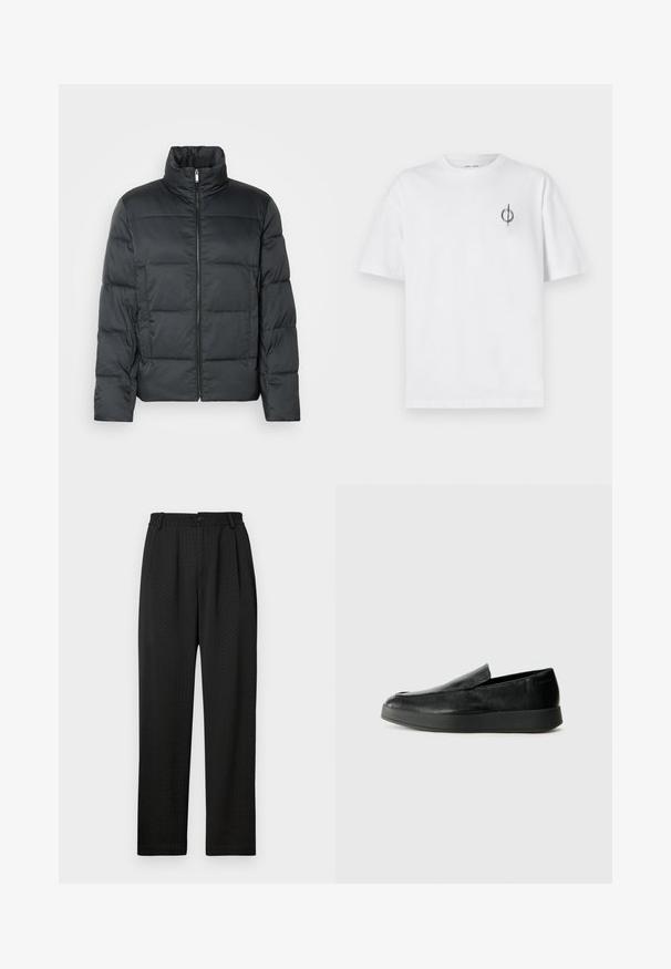 Black padded jacket with a high collar, front zipper, and a quilted texture. Features a boxy shape and subtle checkered pattern.; White cotton t-shirt with a relaxed fit, featuring a small black graphic logo on the left chest area. Short sleeves, crew neck style.; Black trousers with a textured pattern, featuring a wide waistband with a button and front pleats for a tailored fit. Straight leg design.; Calvin Klein HYBRID CUP - Slip-ons - triple black
