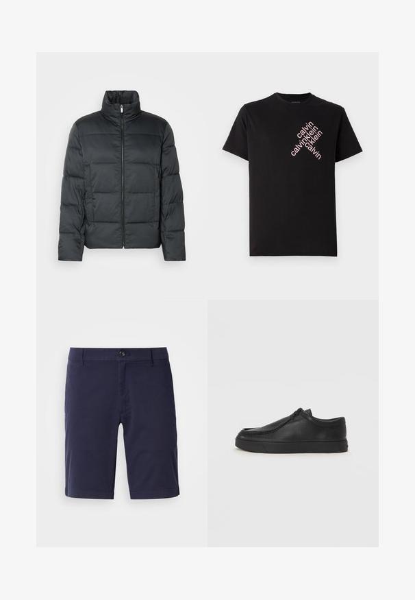 Melnā polsterētā jaka ar augstu apkakli, priekšējo rāvējslēdzēju un izšūtu tekstūru. Iezīmējas ar kvadrātveida formu un smalku šahu rakstu.; Melnas kokvilnas T-krekls ar diagonālu rozā "calvin klein" logotipa apdruku priekšā. Īsas piedurknes un noapaļots kakls.; Jūras zila šorti ar plakanu priekšpusi, ar pogu aizdari un sānu kabatām. Izgatavoti no viegla auduma ar gludu tekstūru.; Melnas ādas slip-on kurpes ar noapaļotu purngalu, šūšanas detaļām un melnu gumijas zoli. Gluda tekstūra ar minimālistisku dizainu.